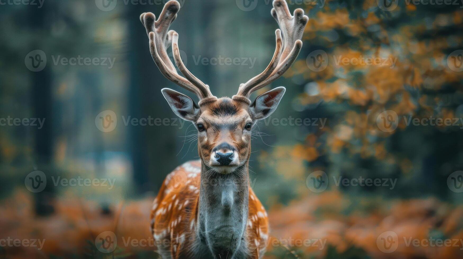A single deer with magnificent antlers in a serene, autumnal forest photo