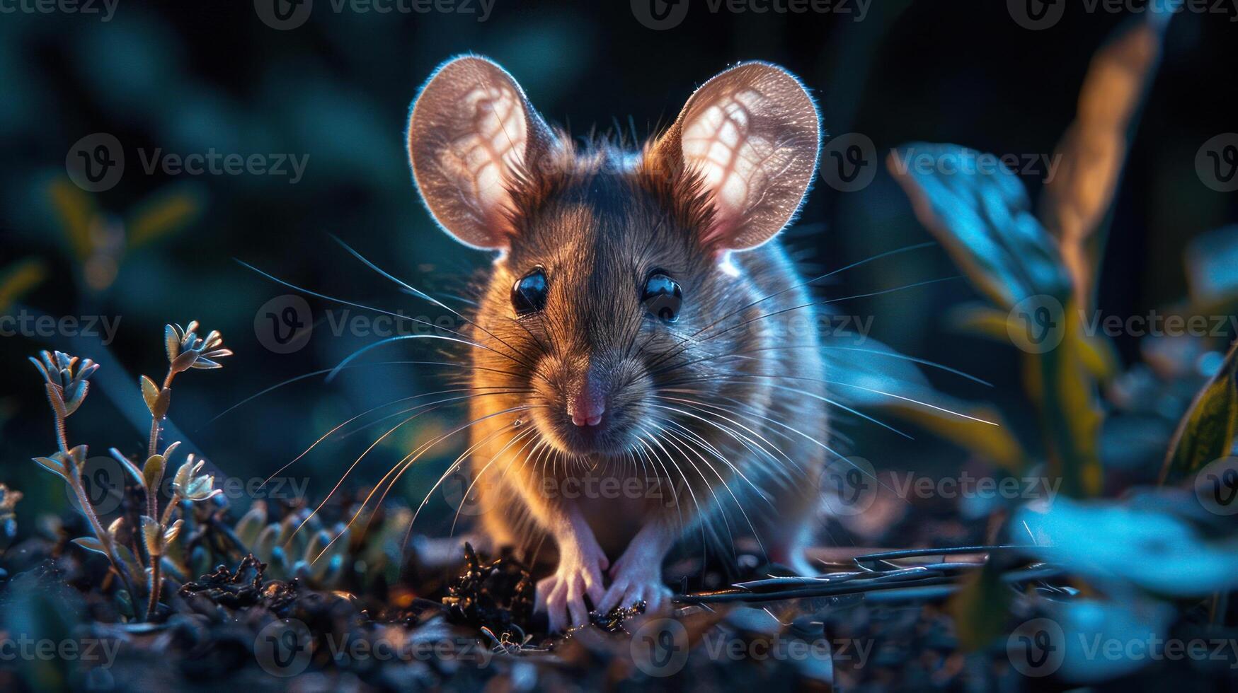 A tiny mouse with big, round ears is captured in the dimly lit outdoors at night, photo