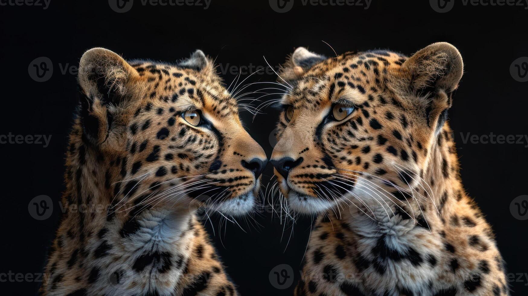 The two cheetahs are mirrored, showing the left side of their faces on the right and vice versa. photo