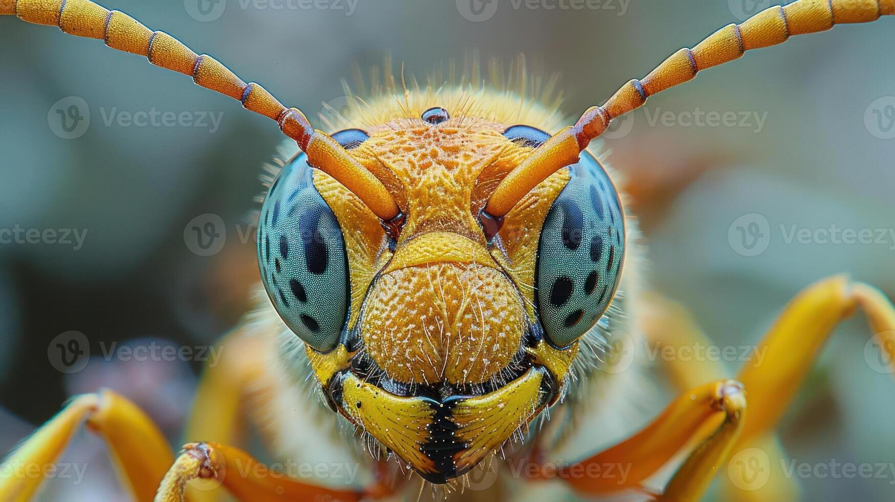 A close-up photo of a vibrant yellow and blue wasp.