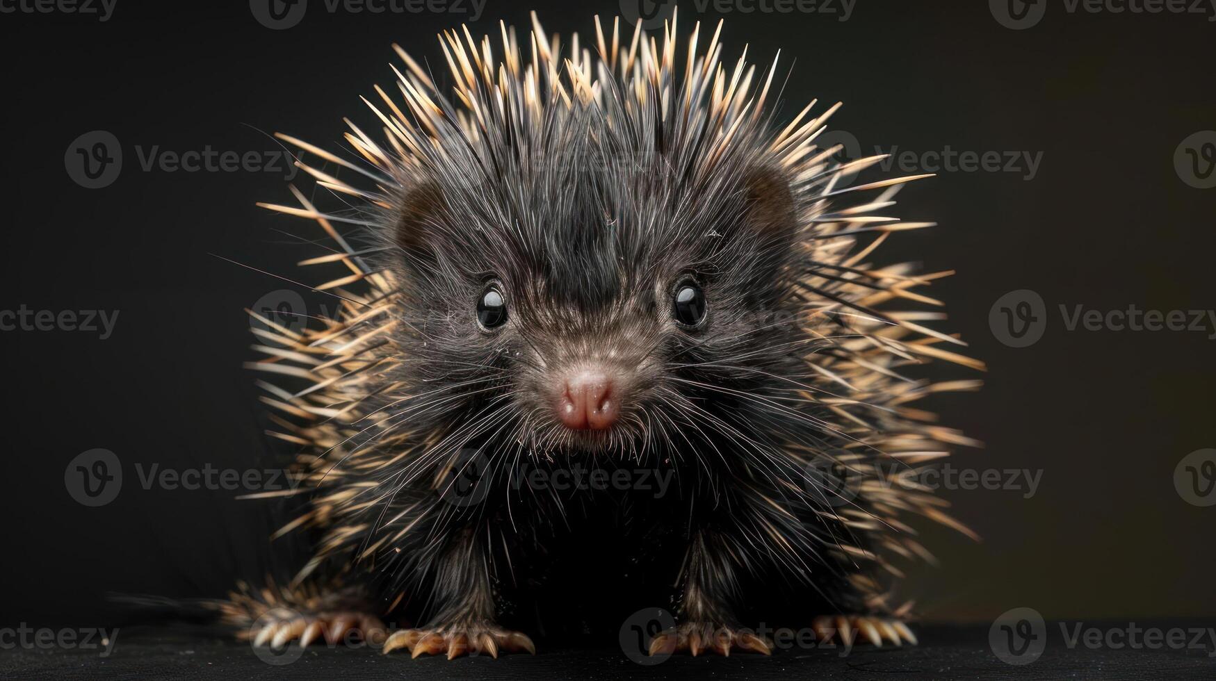 A close-up portrait of a porcupine with its head facing the camera and sharp quills covering most of photo