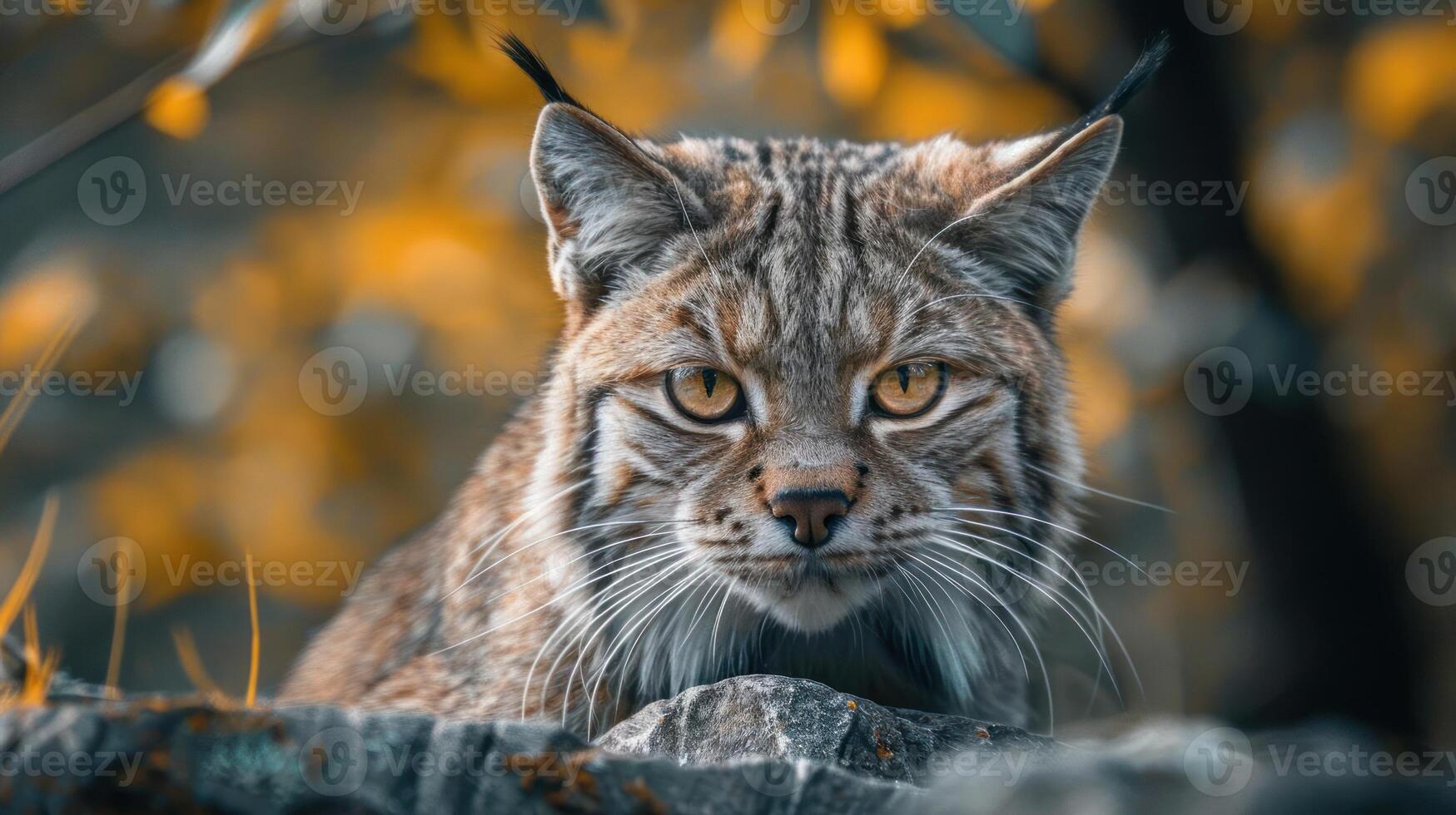 A majestic wolf with intense gaze, amidst a forest of fall leaves. photo
