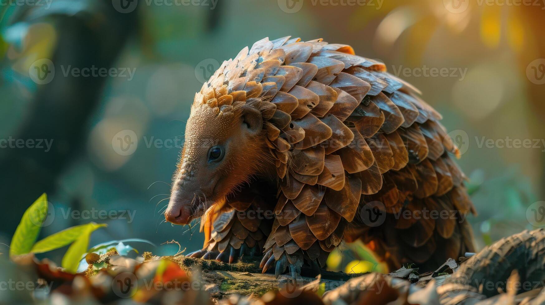 A close-up photograph of an Asian pangolin covered in tree bark or leaves, photo