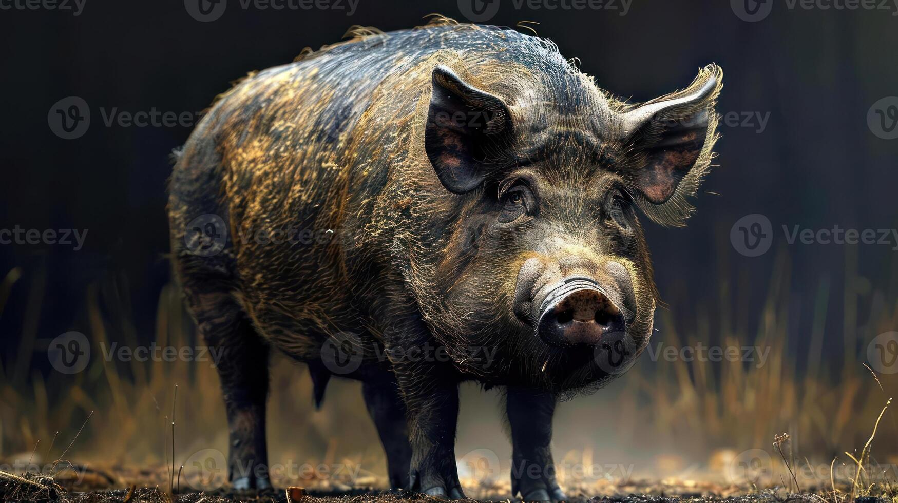 A close-up photograph of a wild boar walking through tall grass and bushes, photo