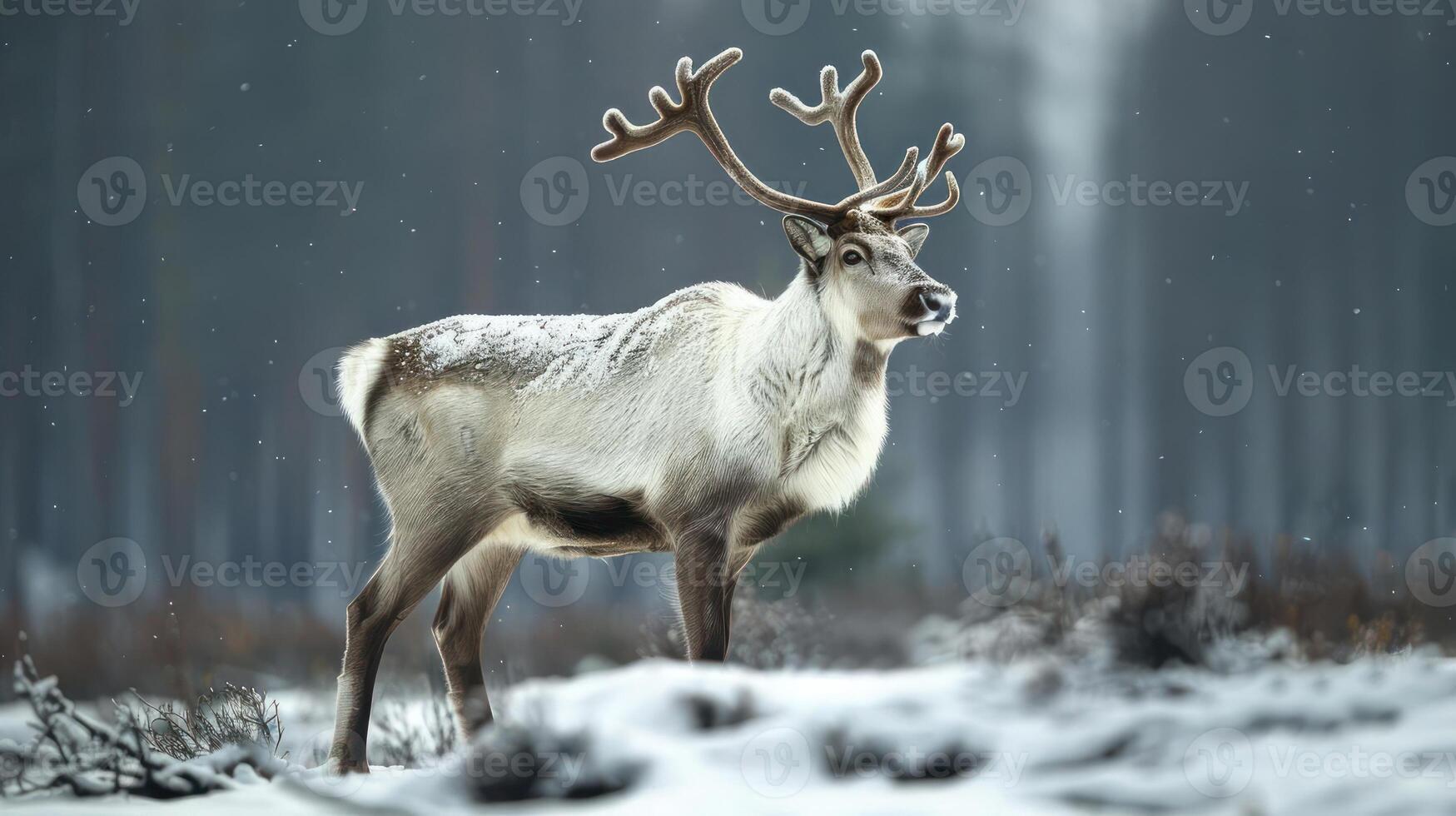 A majestic, snow-covered reindeer with large antlers strides through a winter landscape. photo
