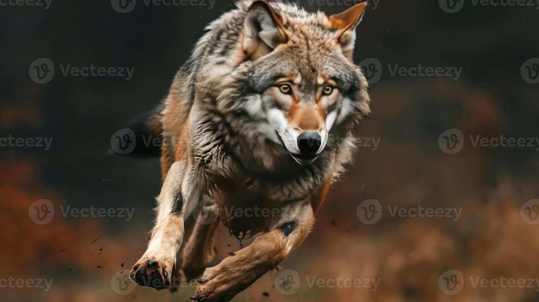 The wolf is captured in motion, running at full speed through a wooded area during the day. photo