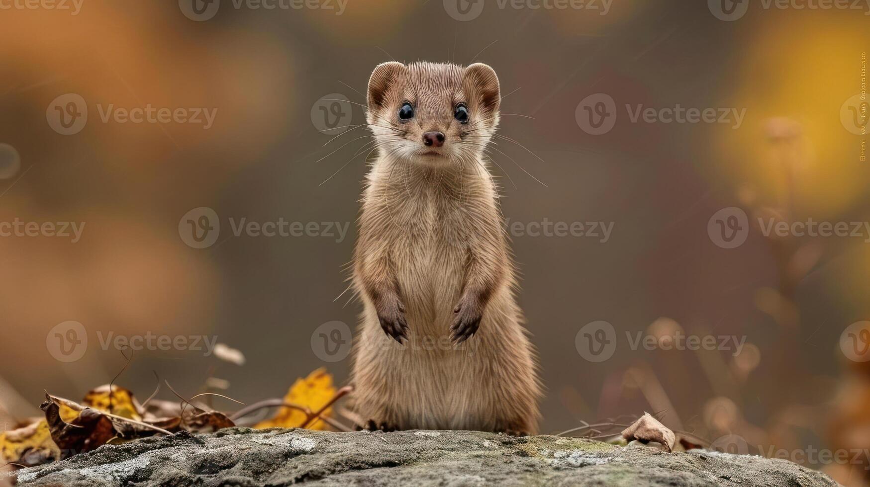 A cute brown squirrel standing atop a fallen leaf, looking attentive and curious. photo