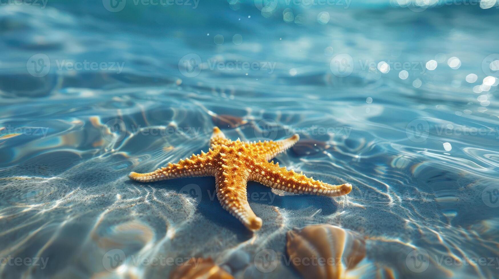 A beautiful sea star floating on top of the ocean floor, surrounded by light blue water. photo