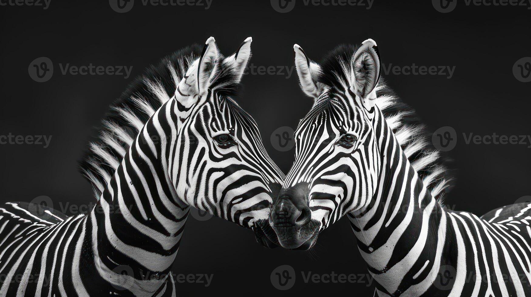 Two zebras stand side by side, their heads close together as if they are mirroring each other. photo