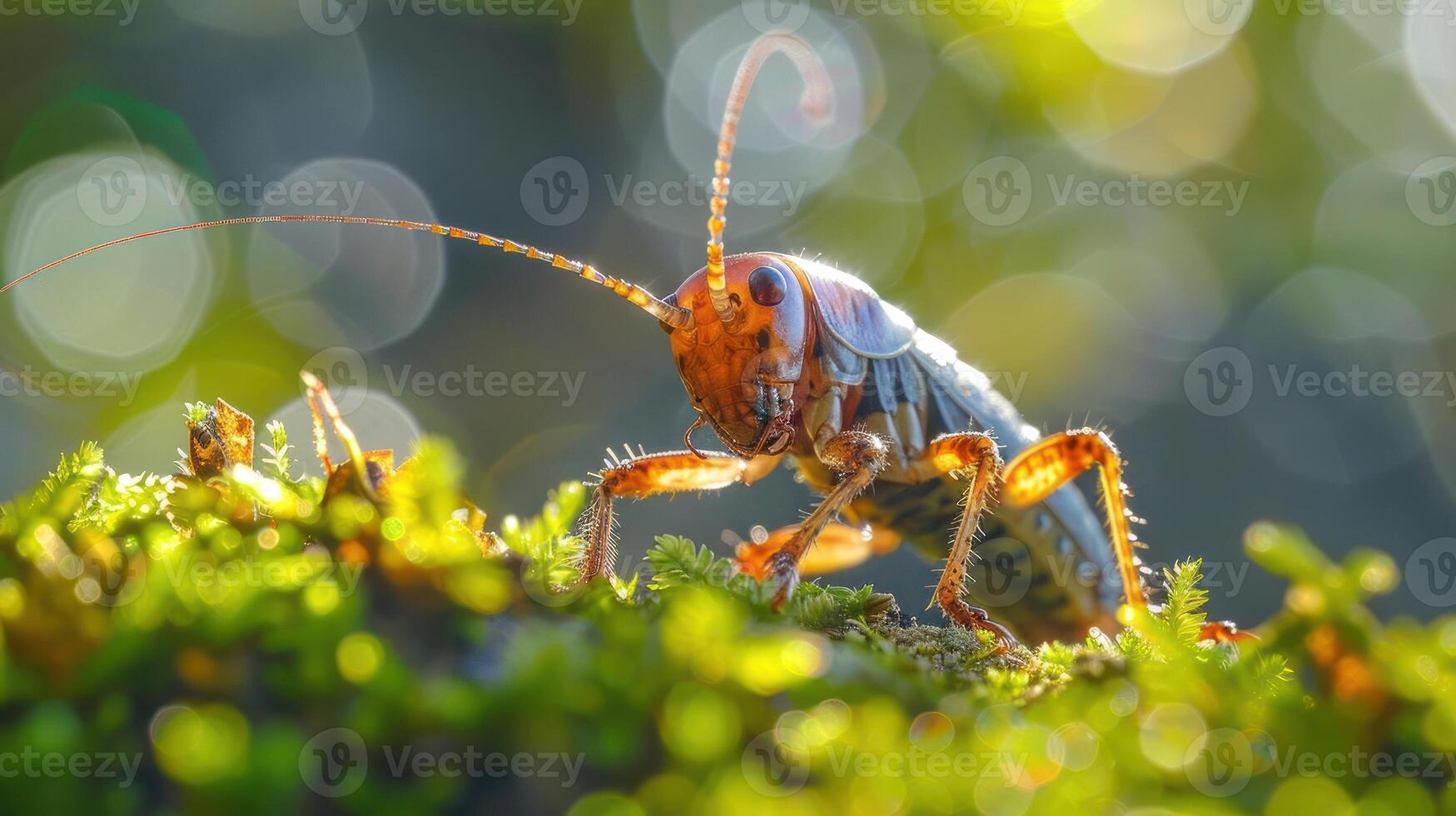 A vividly-colored crab with a red shell on a rocky surface, in focus under a bokeh background. photo