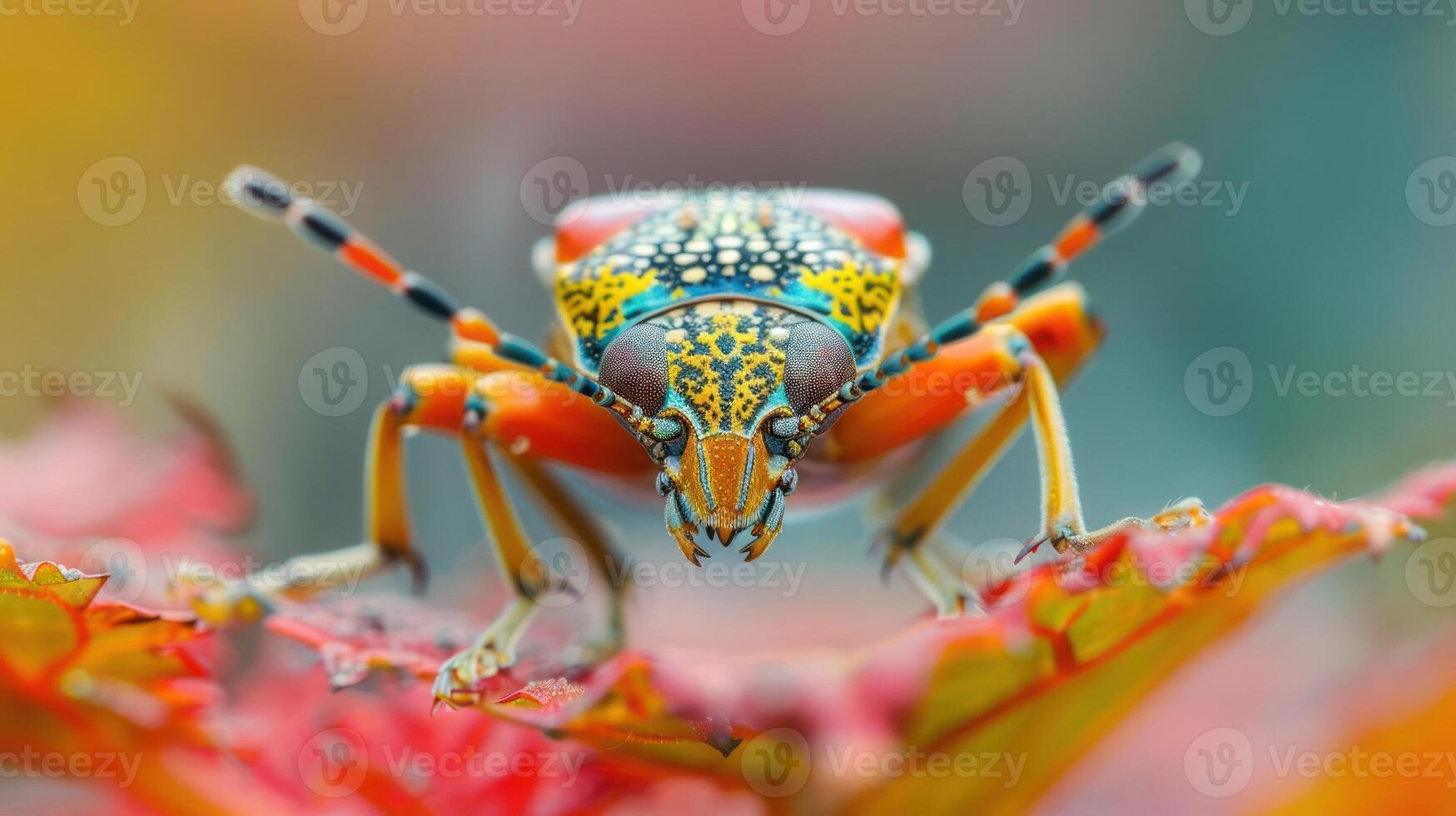 A close-up of a vibrant, multi-colored insect perched atop a red flower or leaf. photo