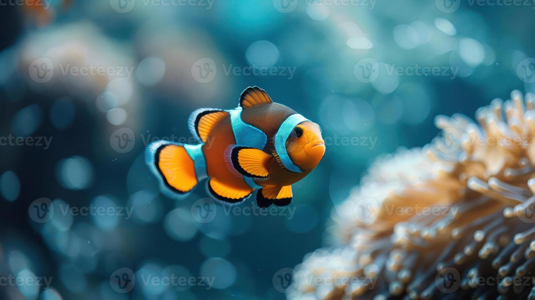The beloved orange clownfish, Nemo, swims by a coral reef filled with sea creatures. photo