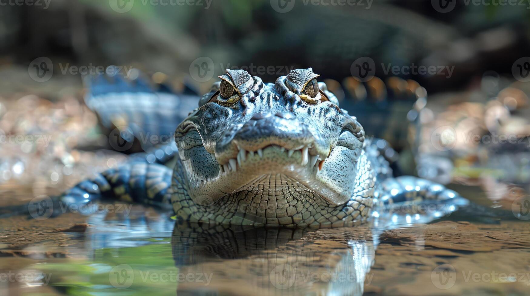 A gator with its mouth open, showing teeth and part of its body partially submerged in a river. photo