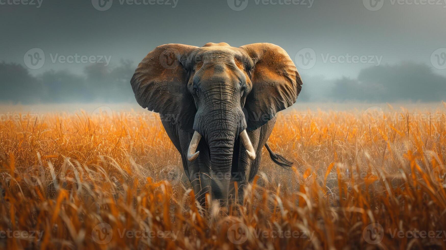 Two majestic elephants walking through a field of dry grass. photo