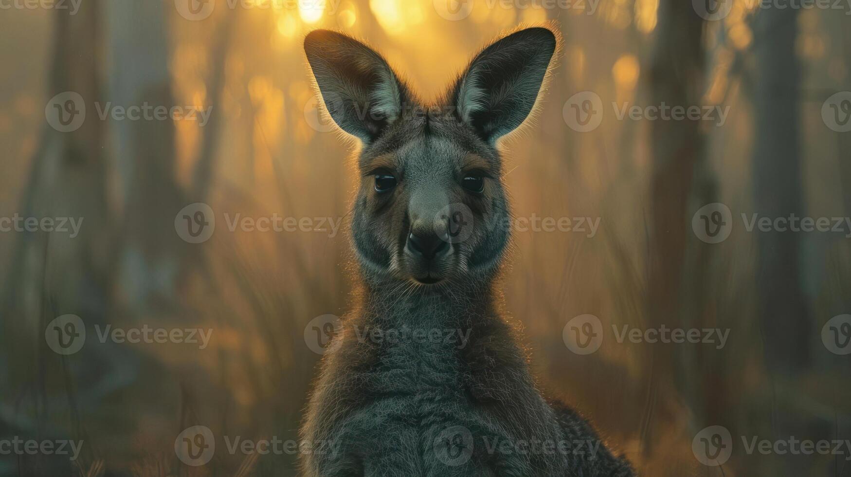 A koala standing in a misty forest during sunset, photo