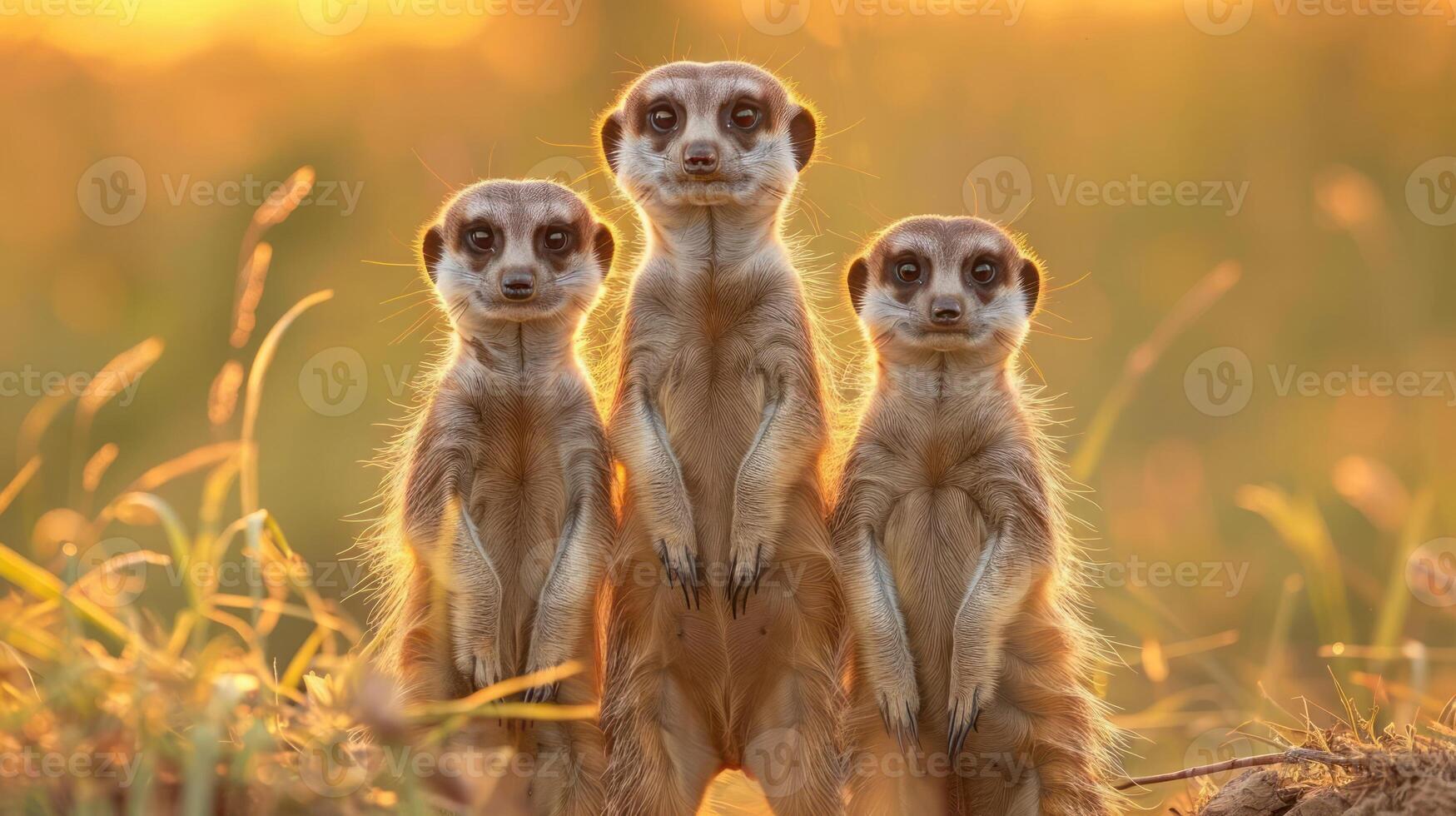A heartwarming photo of three baby meerkats standing side by side,