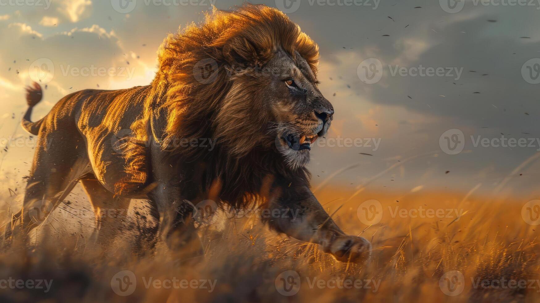 A powerful and elegant male lion in a savannah setting, photo