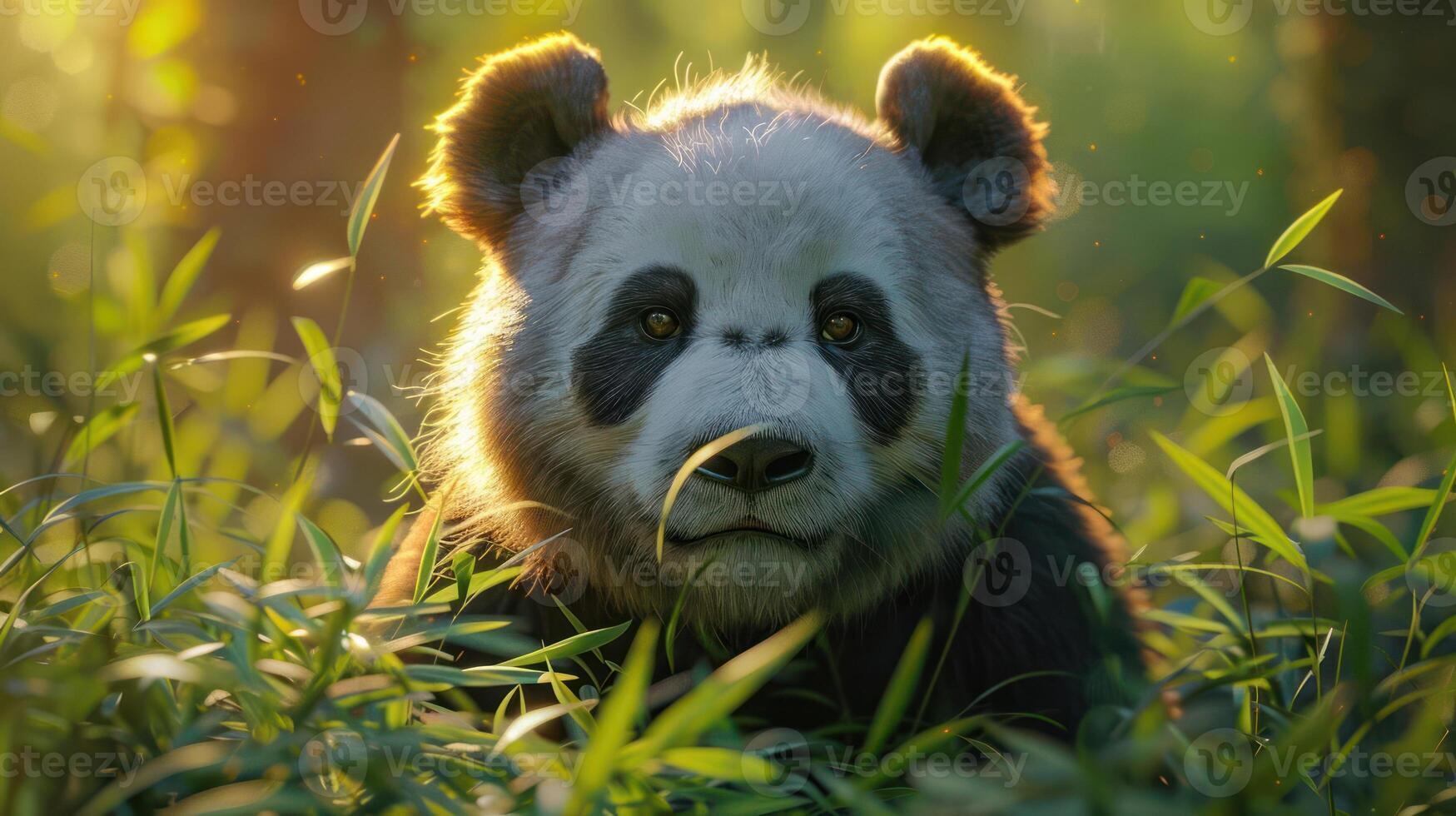Adorable baby panda cub peeking out from behind a plant in a lush green forest. photo