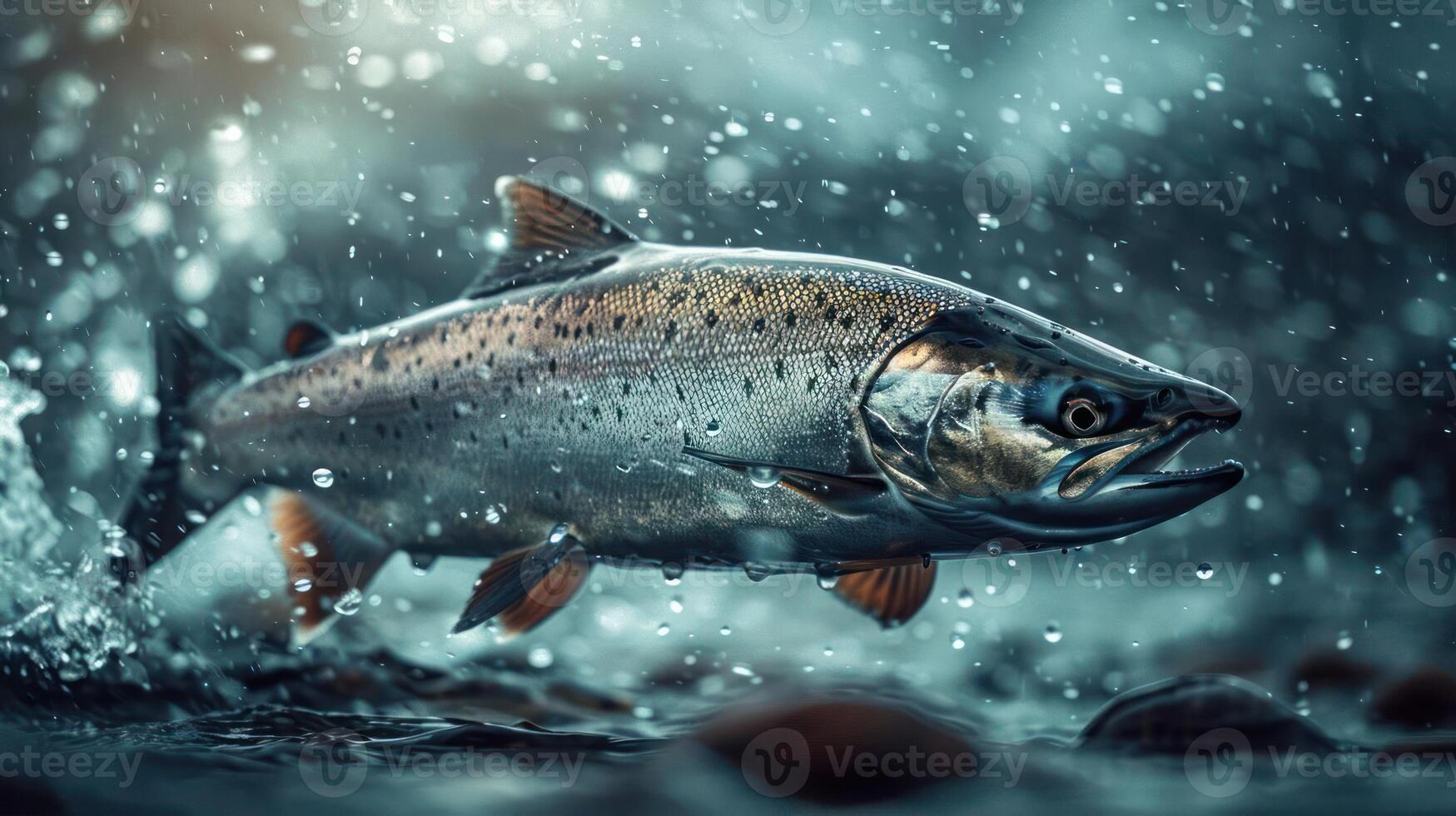 A large salmon, a ferocious predator, leaps from the water to catch its prey. photo