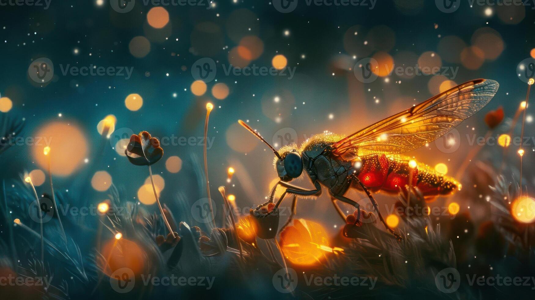 A whimsical night scene with a vividly lit dandelion field. photo
