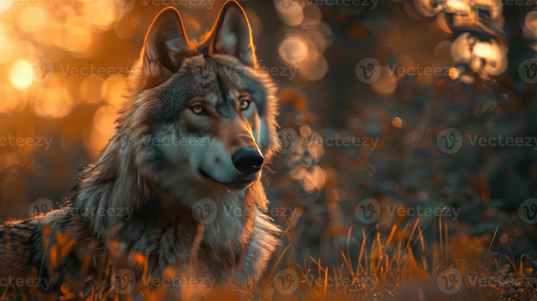 A majestic wolf stands amidst the autumn leaves, its eyes reflecting wisdom and strength. photo
