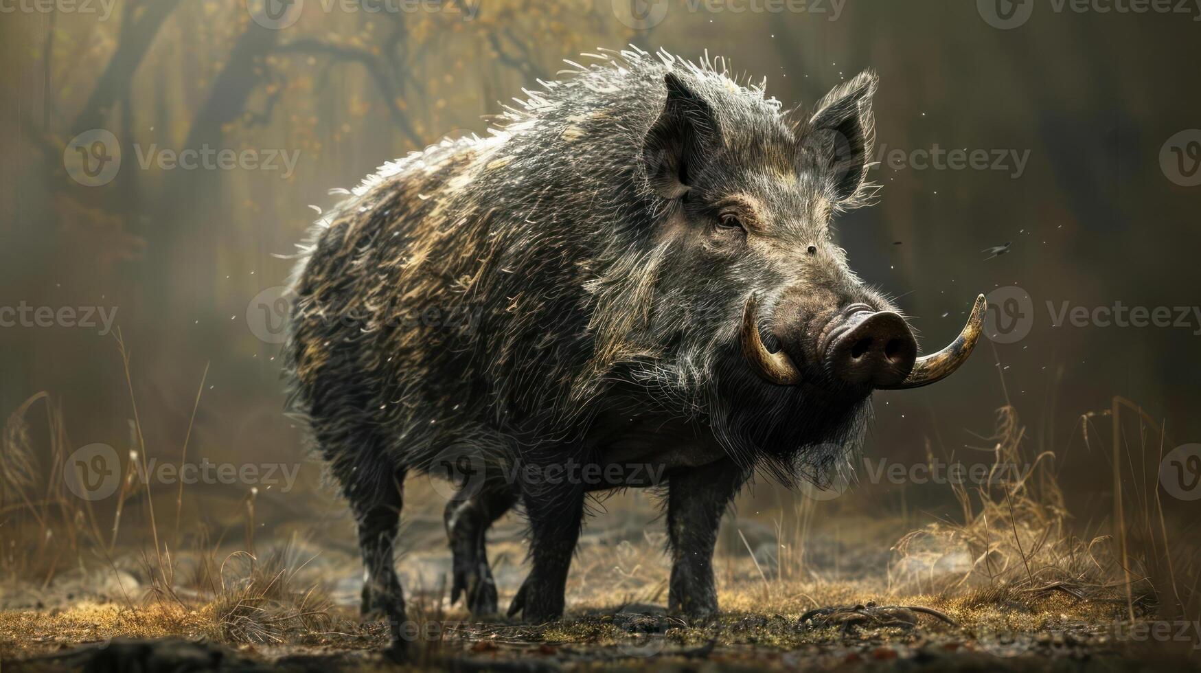 A fantasy pig with tusks and horns, standing among fallen leaves in a forest. photo