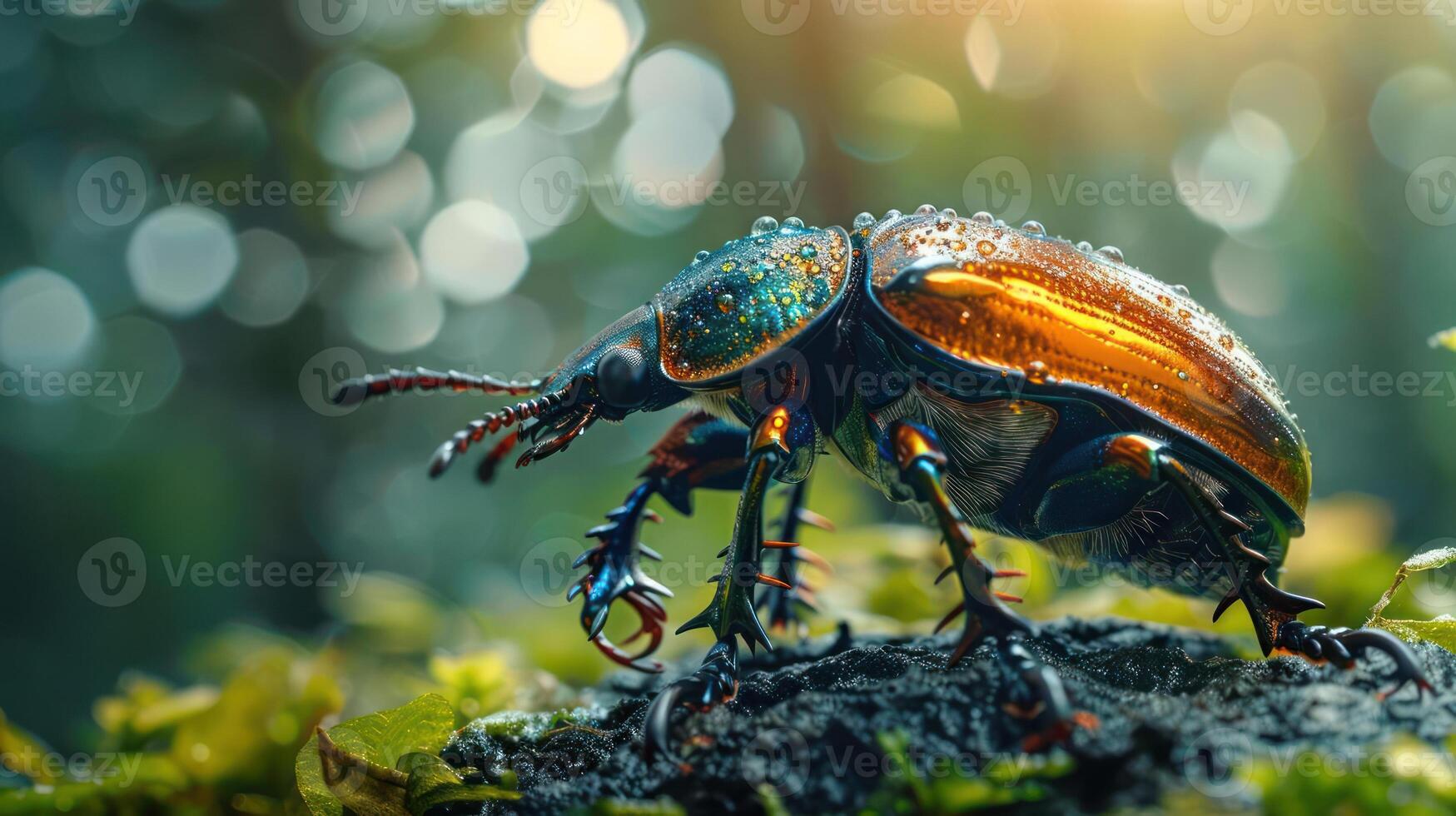 A colorful bug stands out against a background of blurred, bokeh-effected leaves and greenery, photo