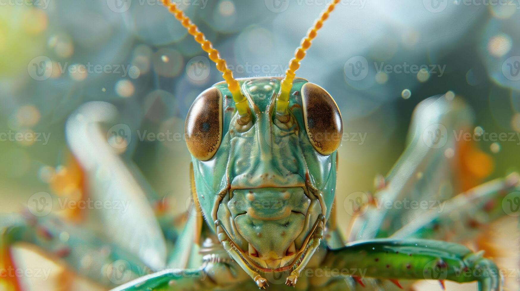 A close up photo of a green and yellow insect, possibly a beetle or grasshopper,