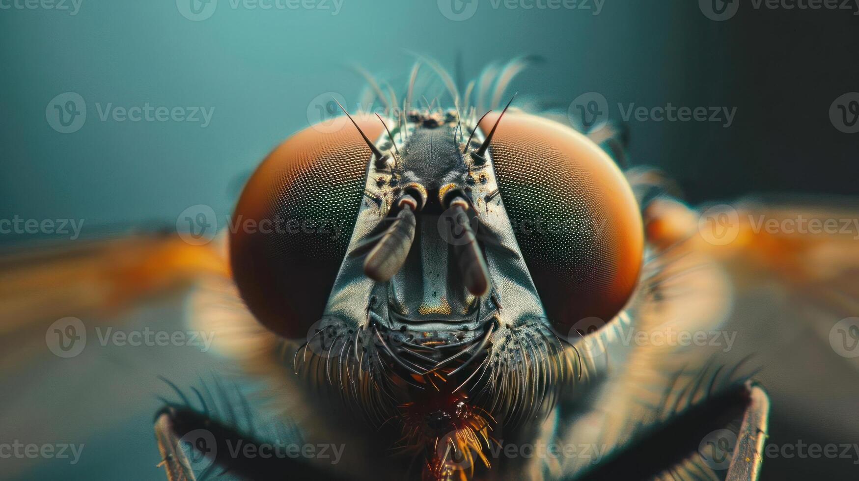 Close-up photograph of an insect's head, likely a bee or fly, photo