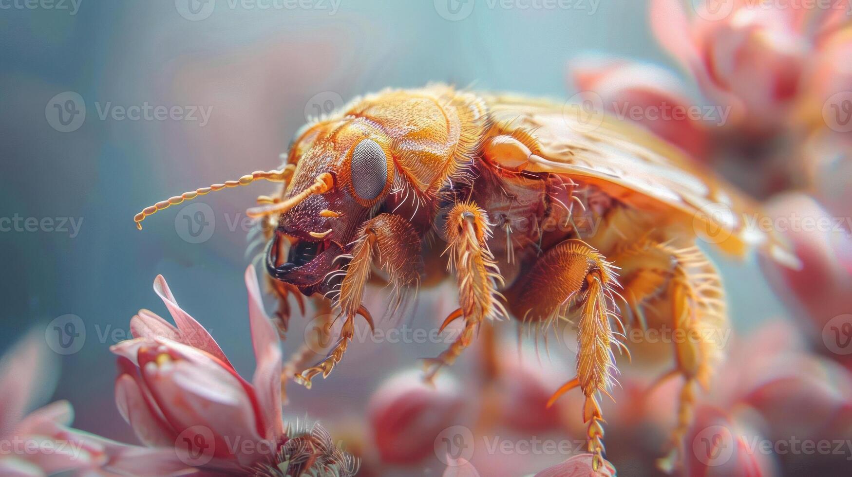 Close-up photograph of a beetle on pink flowers, likely in a garden setting. photo