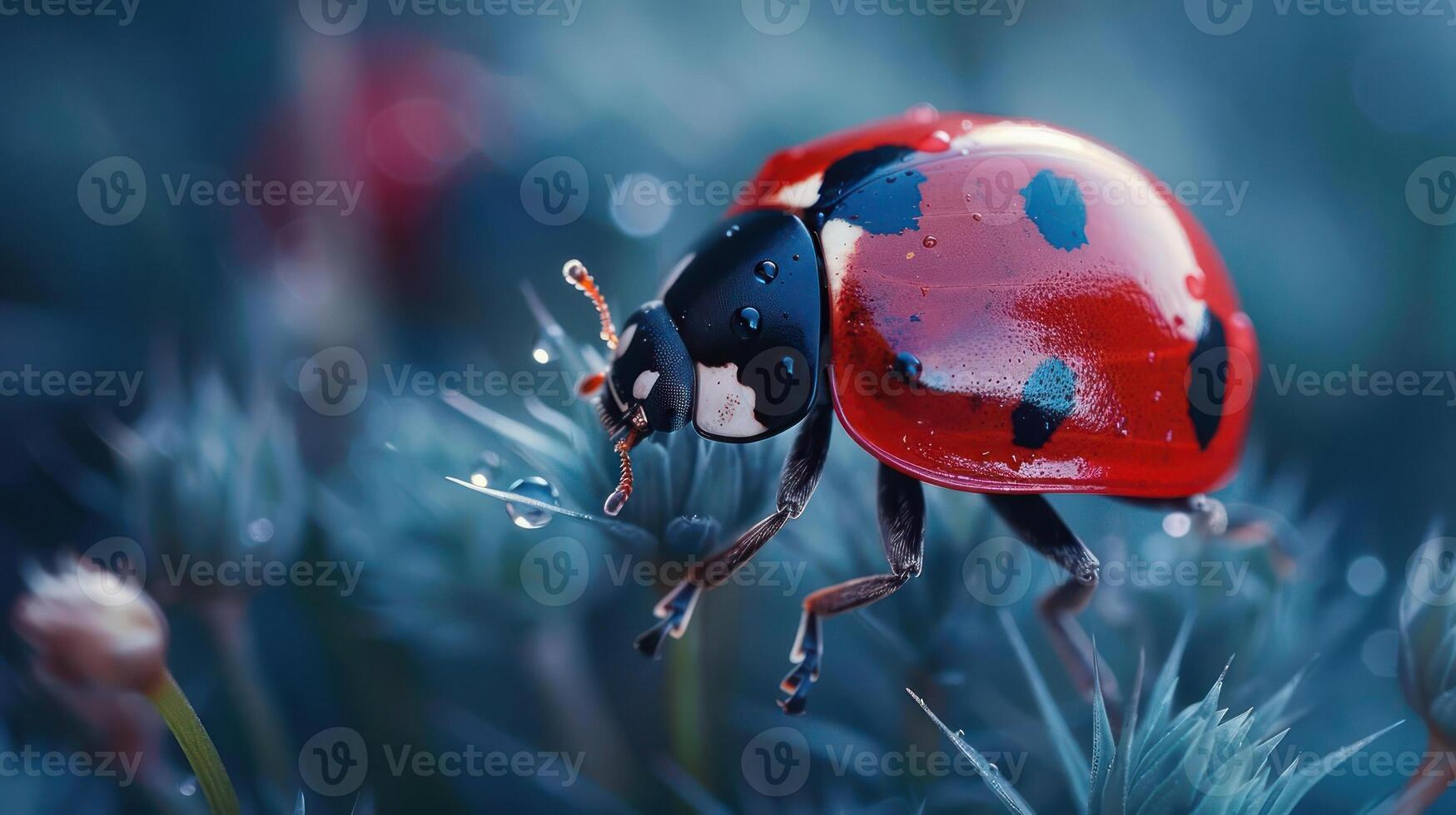 A vibrant red and black ladybug standing on a flower with raindrops falling around it, photo