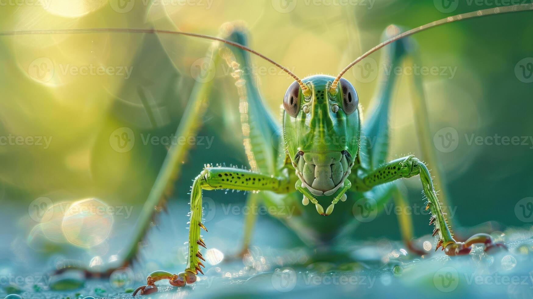 A close-up of a green insect with large eyes and antennae, photo