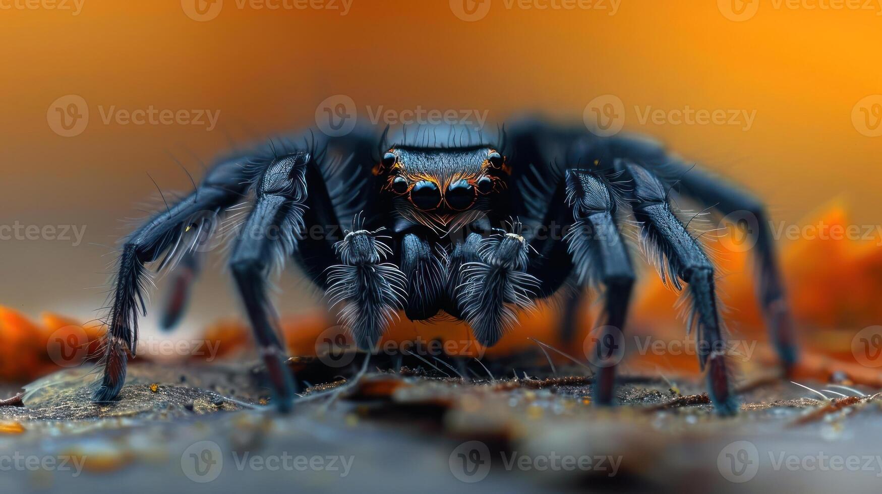 A close-up photograph of a black spider with intricate web patterning on a leaf, photo