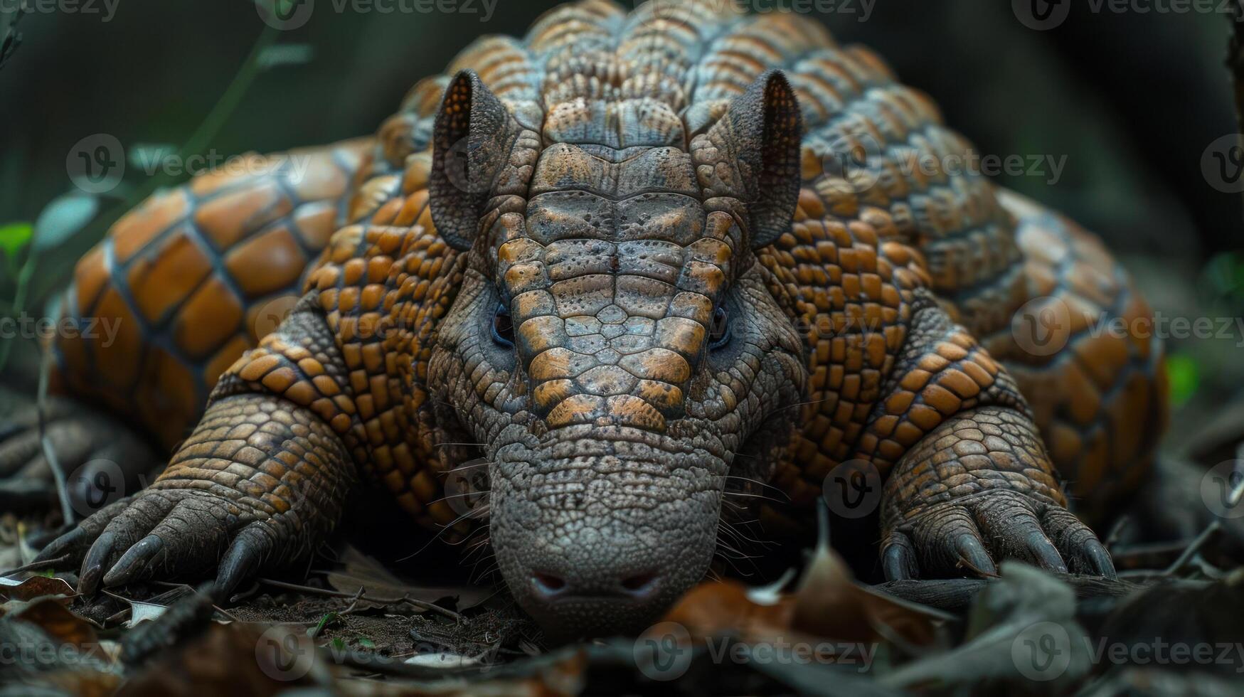 A close-up image of an ancient alligator with a textured body and a long snout, photo