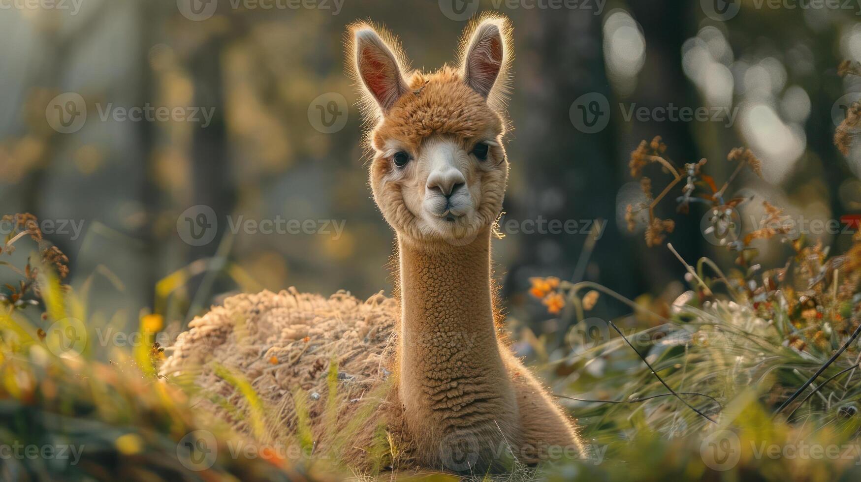 An adorable llama sits in a field on a sunny day, surrounded by nature's beauty. photo
