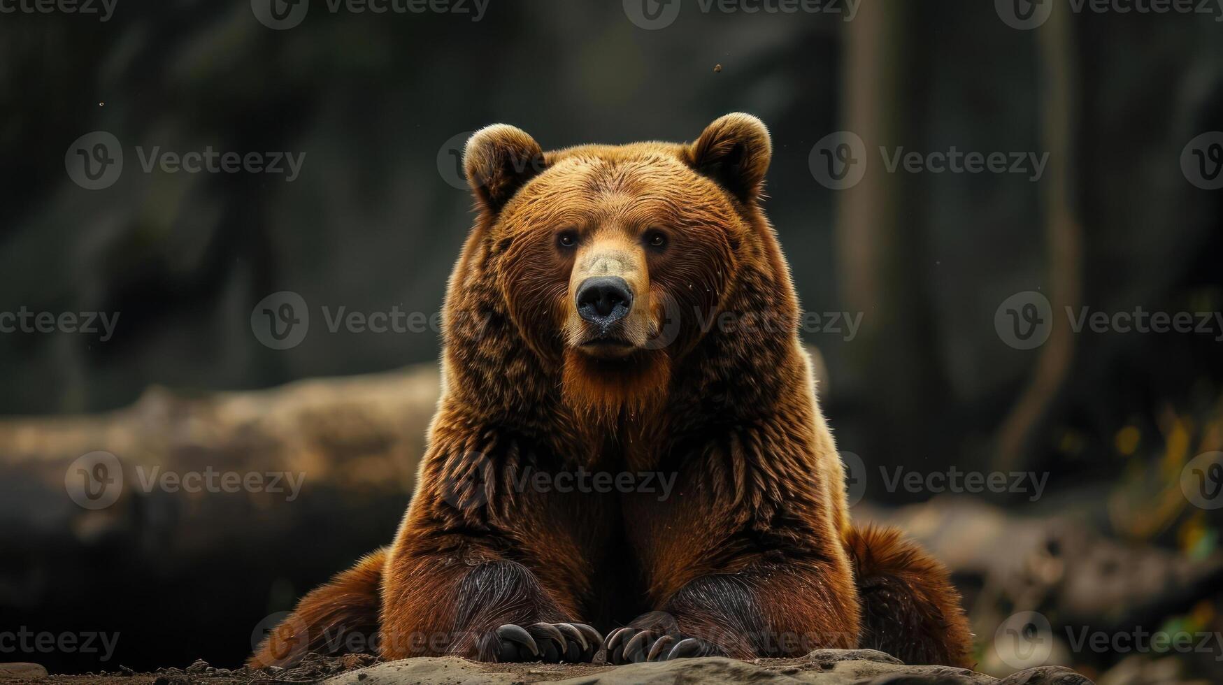 A brown bear cub peeks through the vegetation in a forested area. photo