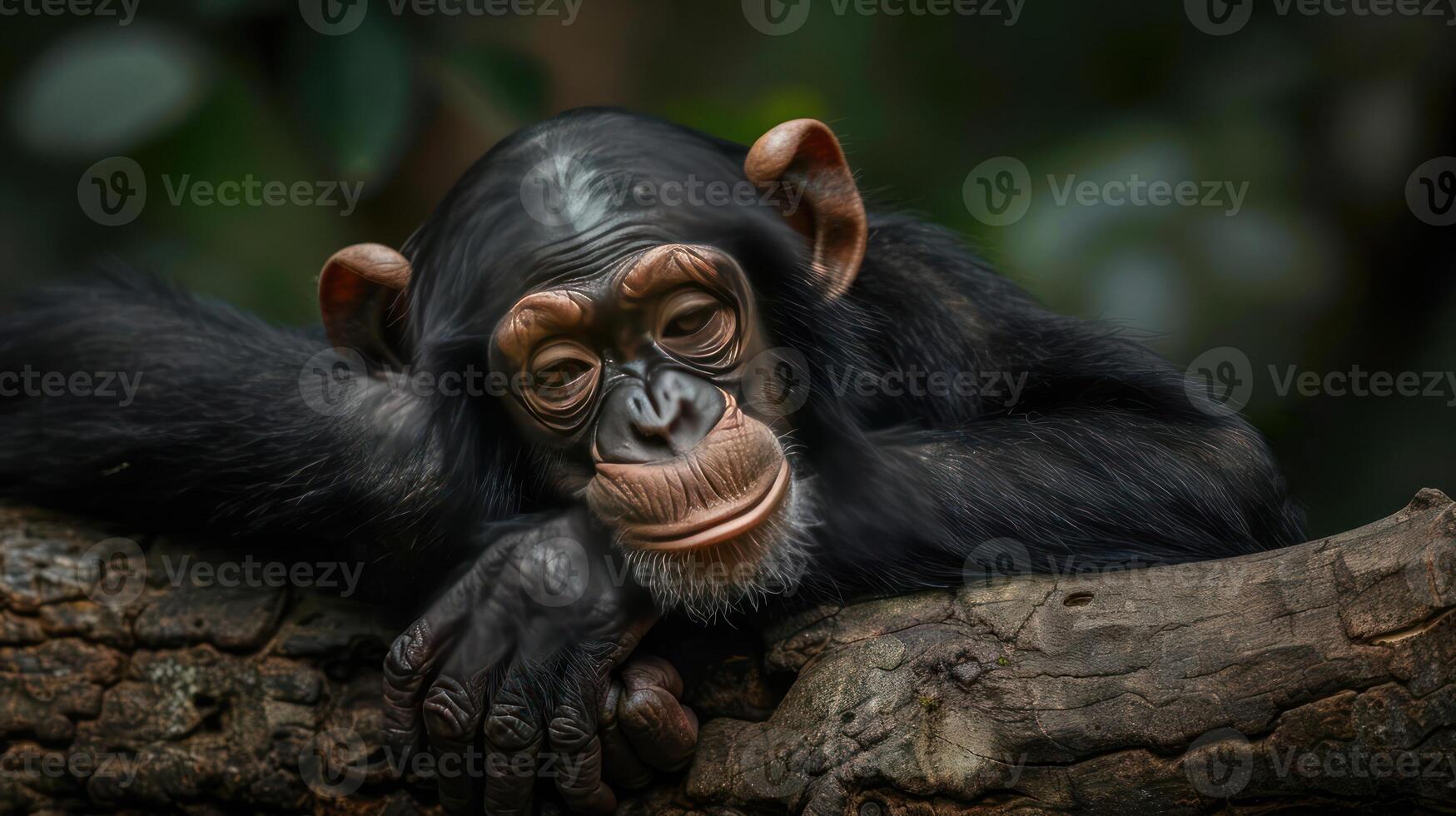 A monkey sits comfortably on a tree branch, leaning back with its hands resting gently on the limb. photo