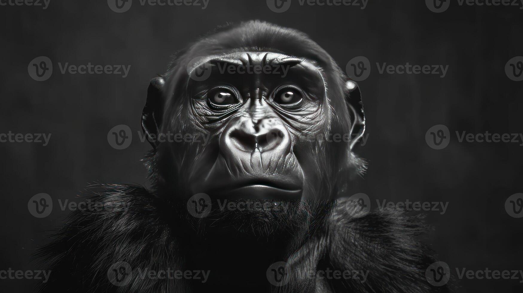A black and white photo of a monkey with a crown on its head, set against a gray background.