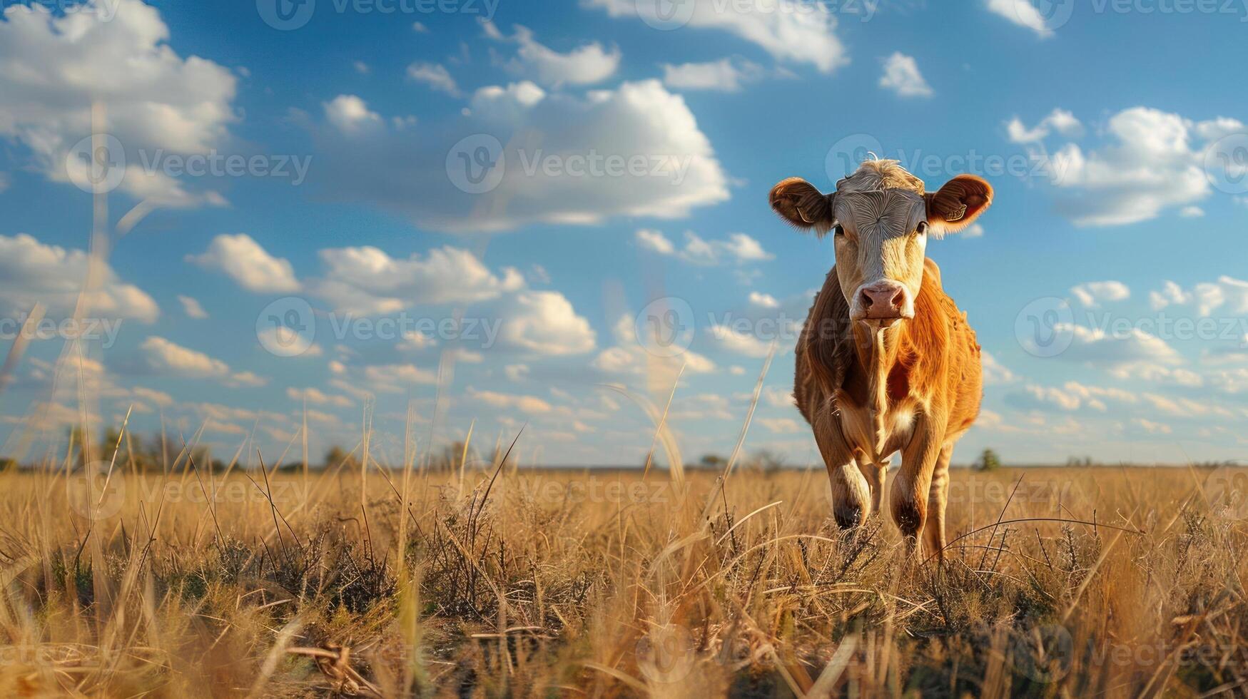 A single cow walking through an open, grassy field on a sunny day, looking into the distance. photo