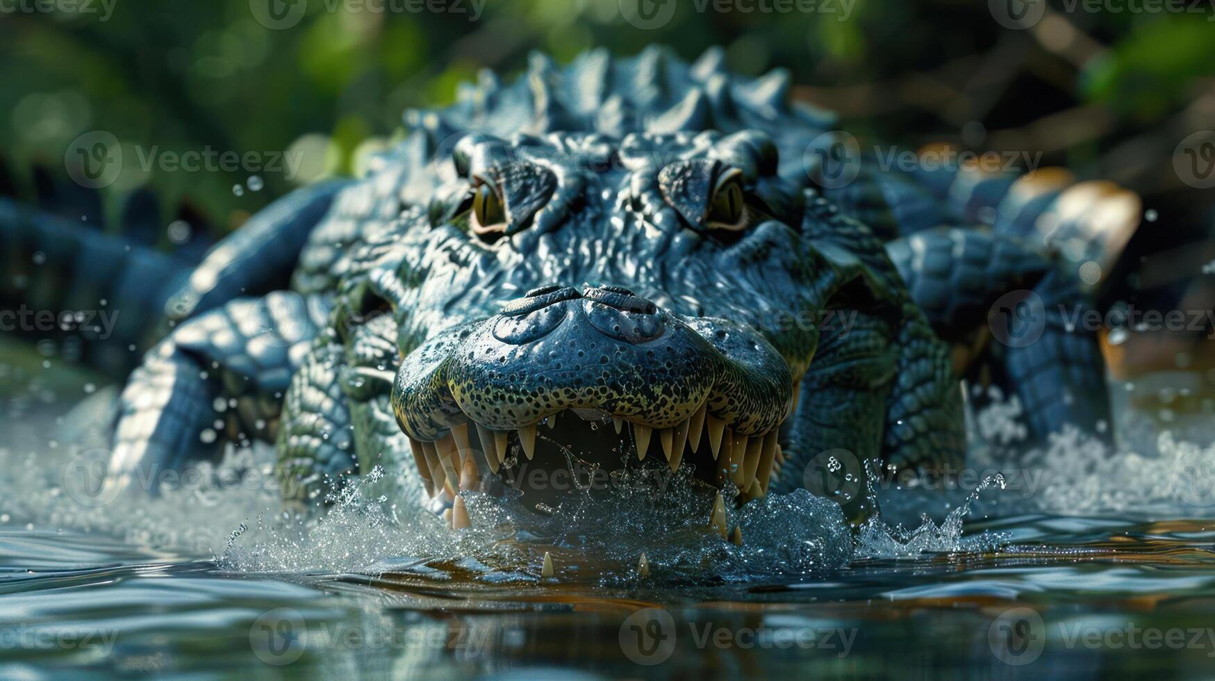A large alligator emerges from a body of water, showing its powerful jaws and eyes. photo