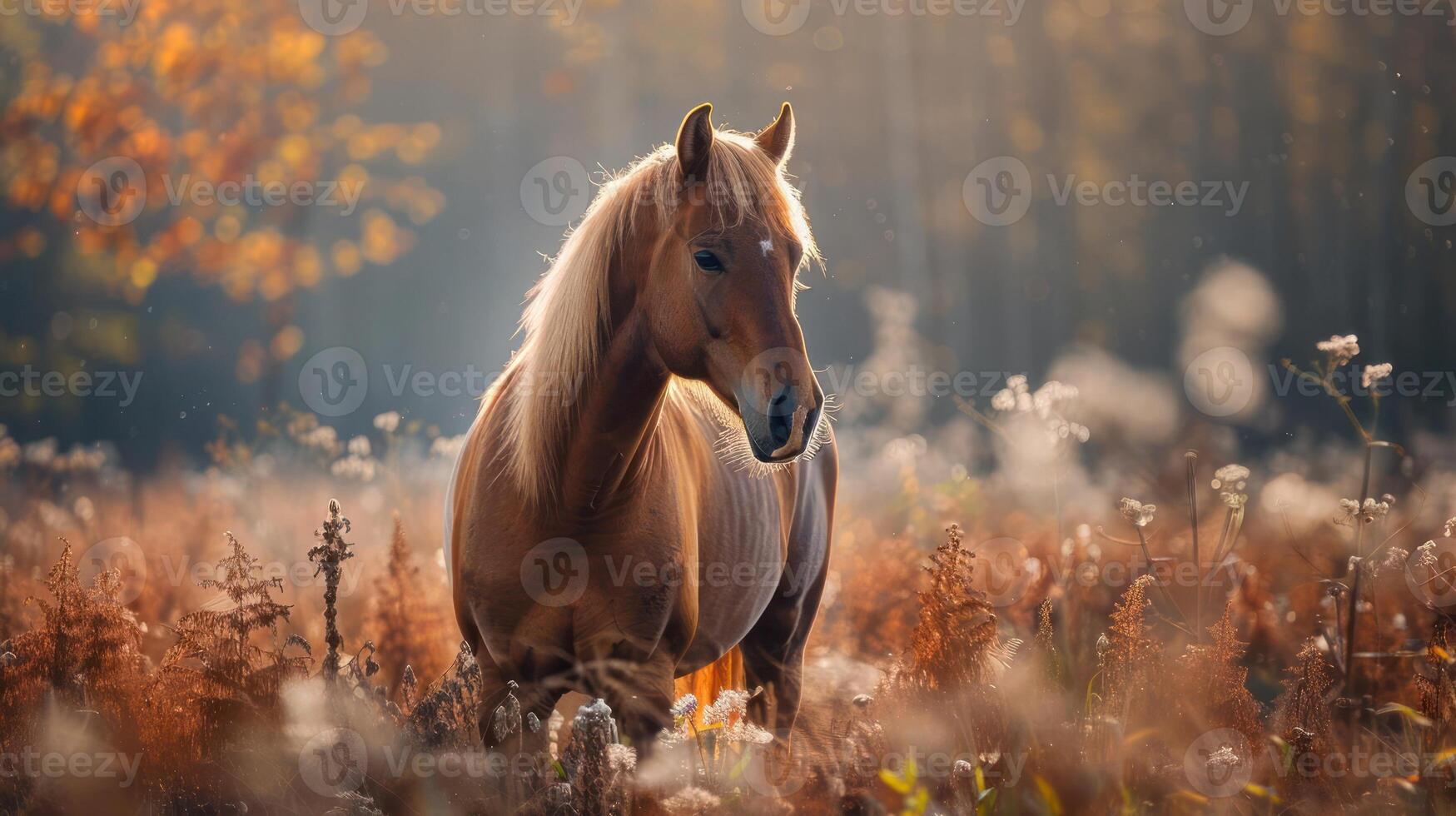 A majestic brown horse stands proudly in the middle of a forest, surrounded by autumn leaves. photo