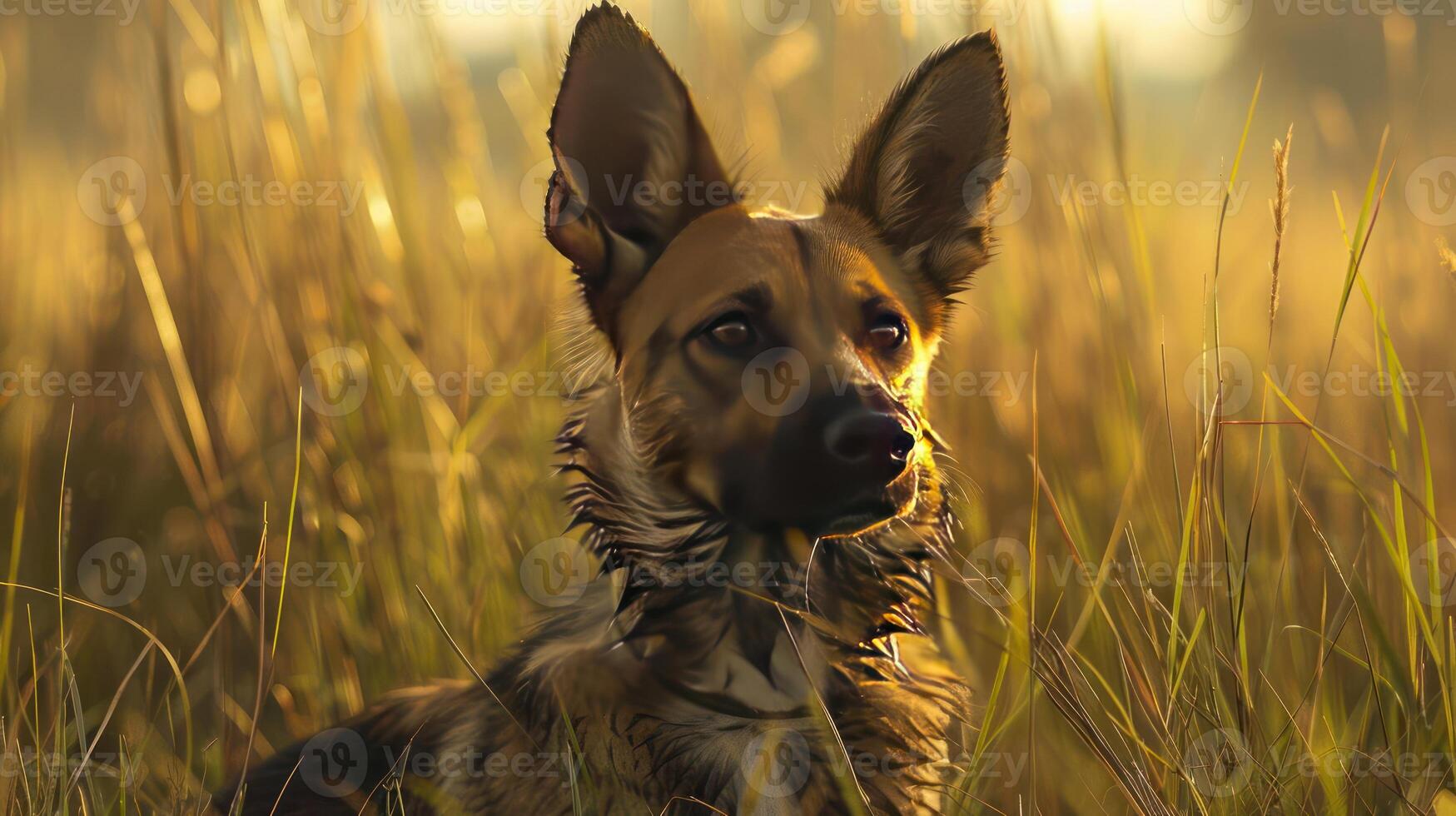 A cute brown and black dog with floppy ears sits in a field, looking up towards the camera. photo