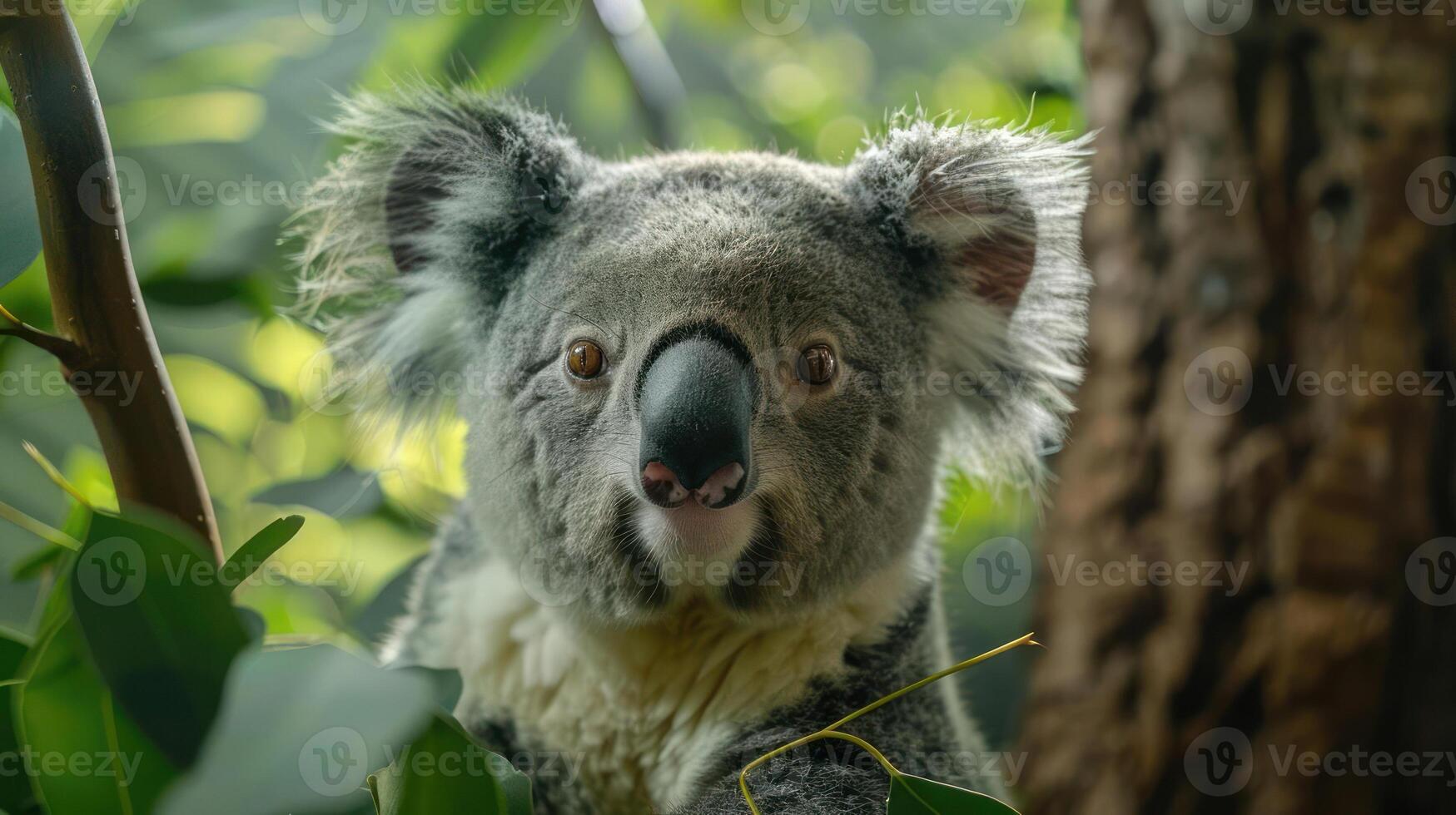 Smiling kangaroo peering out from a tree. photo