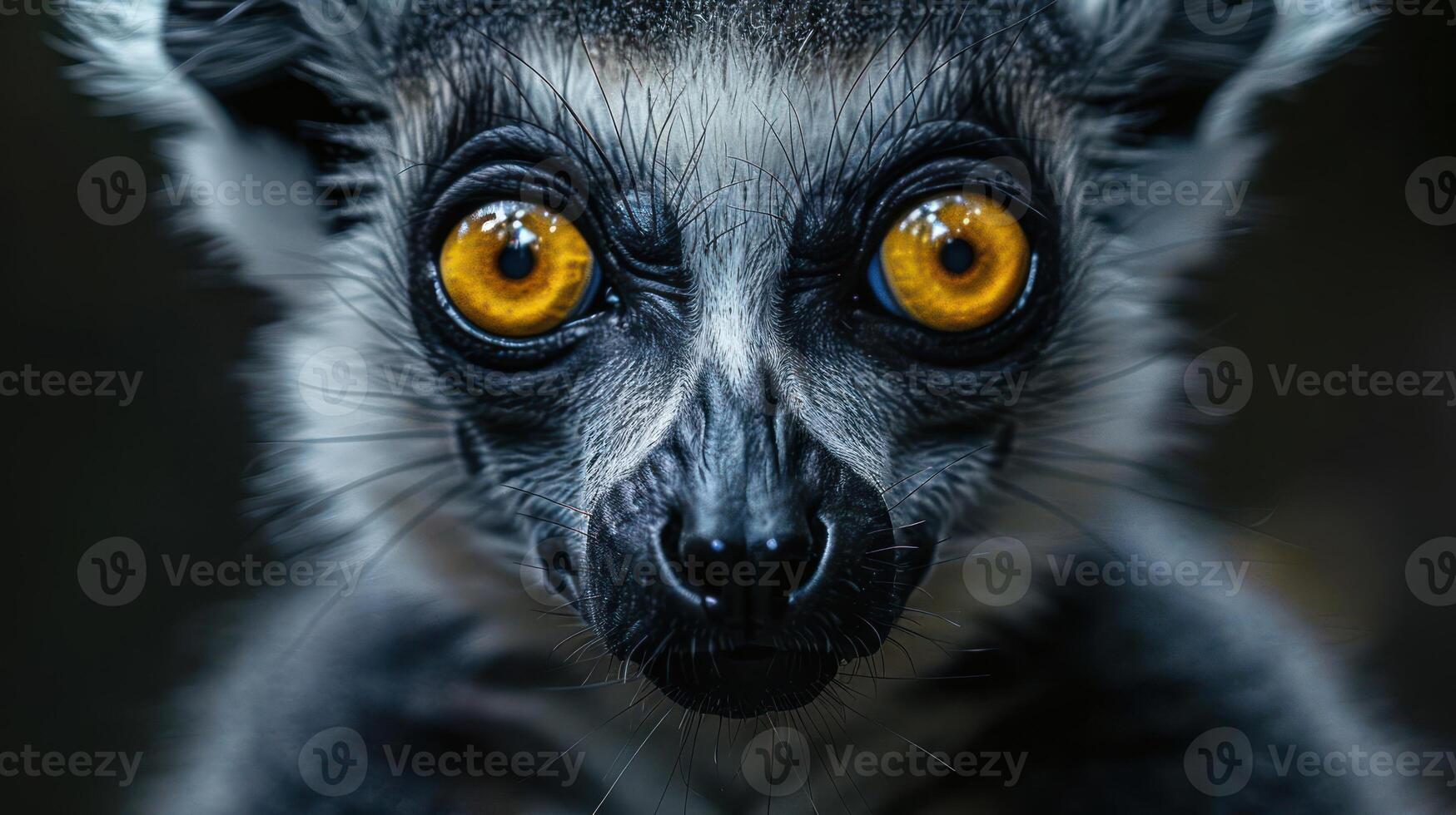 A portrait of a lemur looking directly at the camera with striking yellow eyes. photo