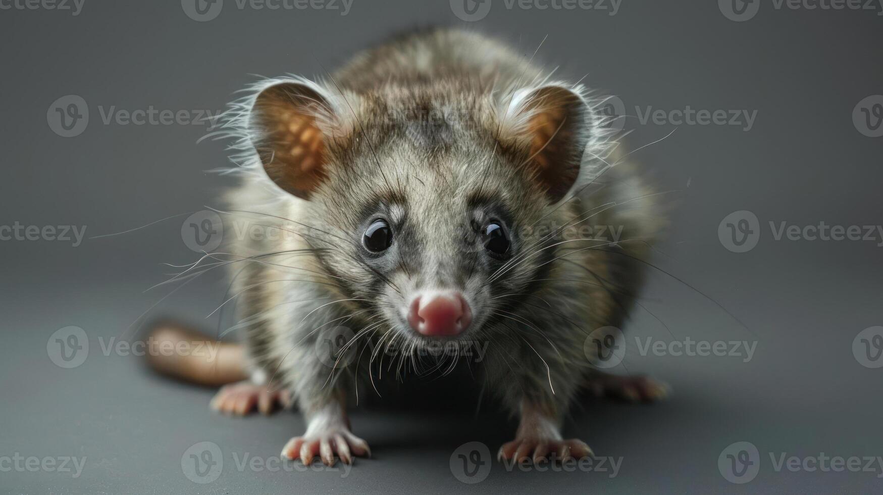 A small, curious pocket mouse sits alert in a studio setting. photo