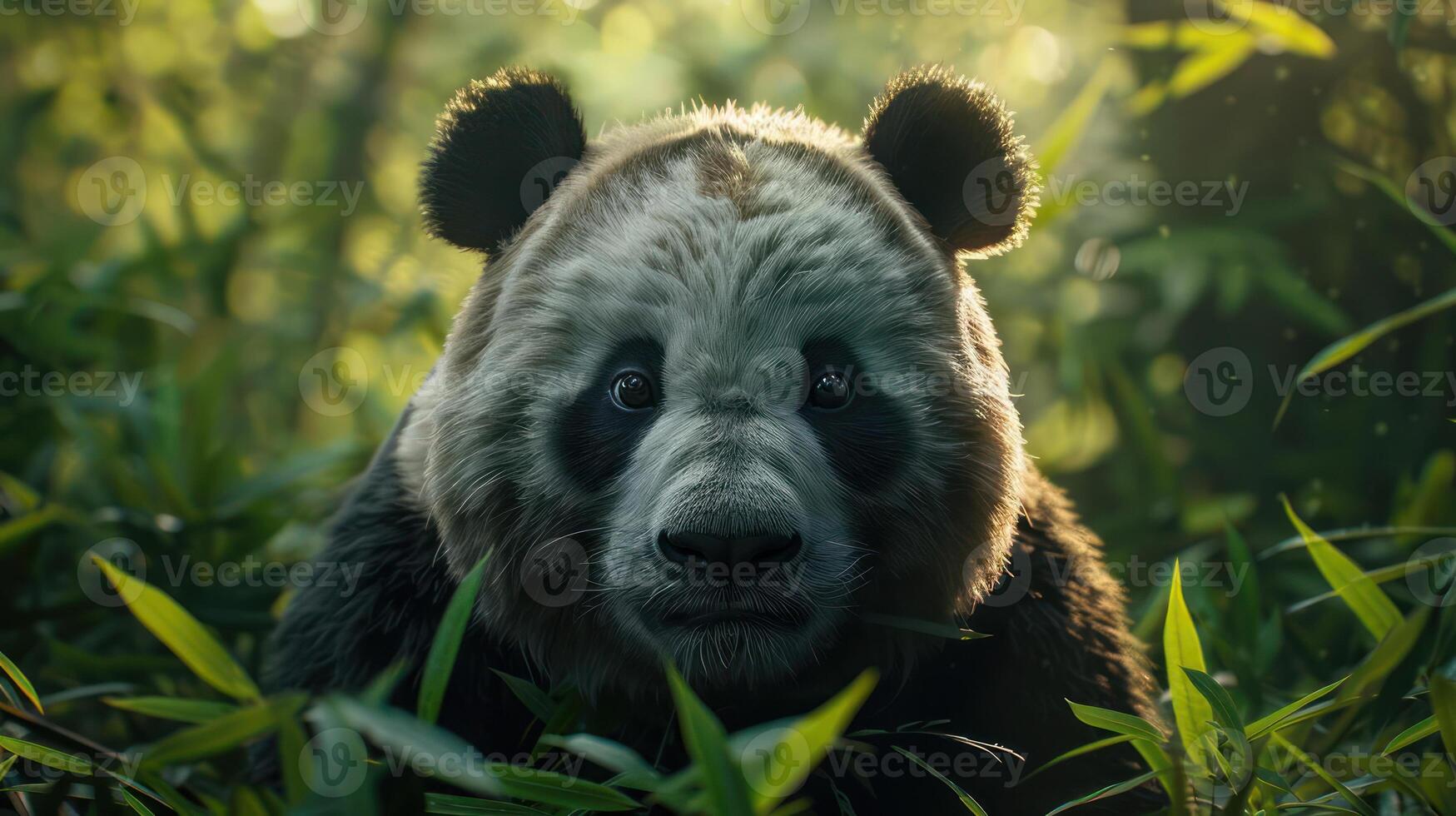 A cute panda peeks out from the bushes with a smile on its face, looking directly at the camera. photo