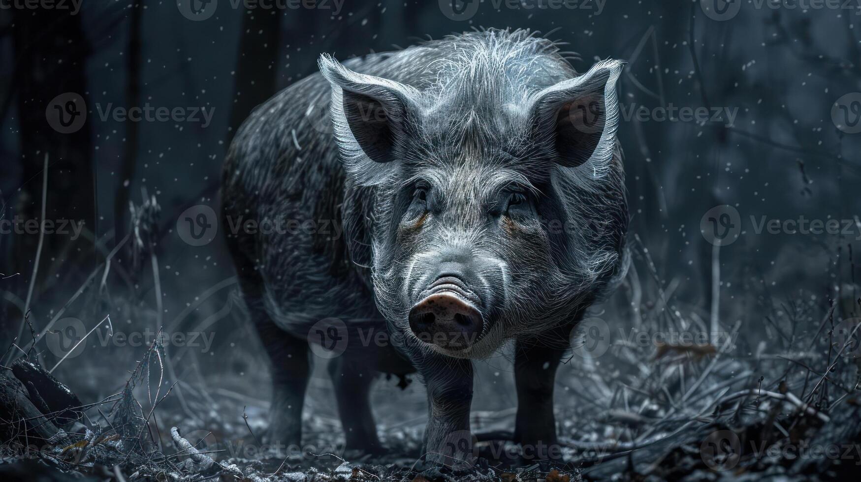 An animated pig, frosted with ice and snow, stands alone amidst a snowy forest. photo