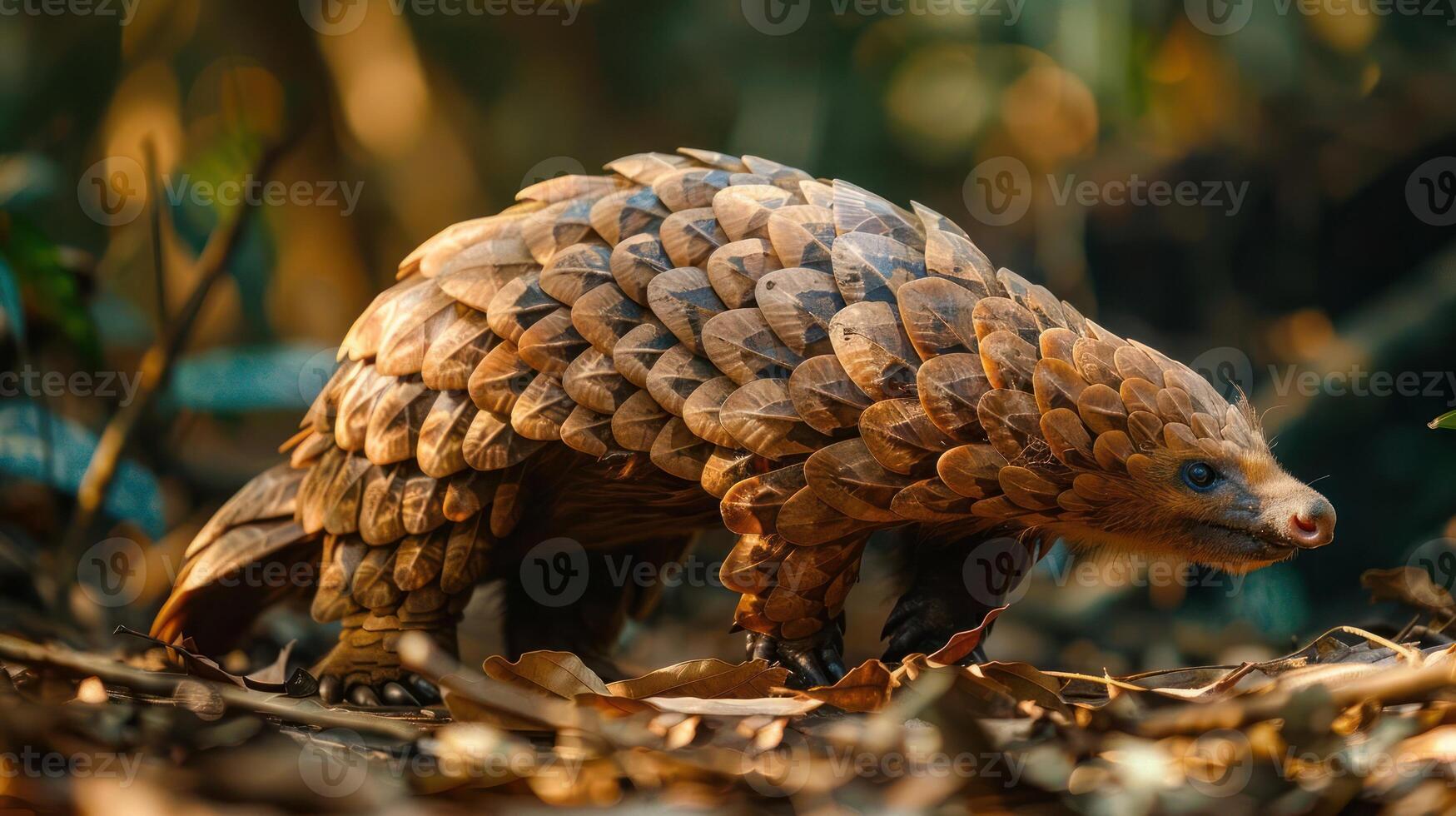 A pangolin with a pile of scales on its back, blending into the natural surroundings. photo
