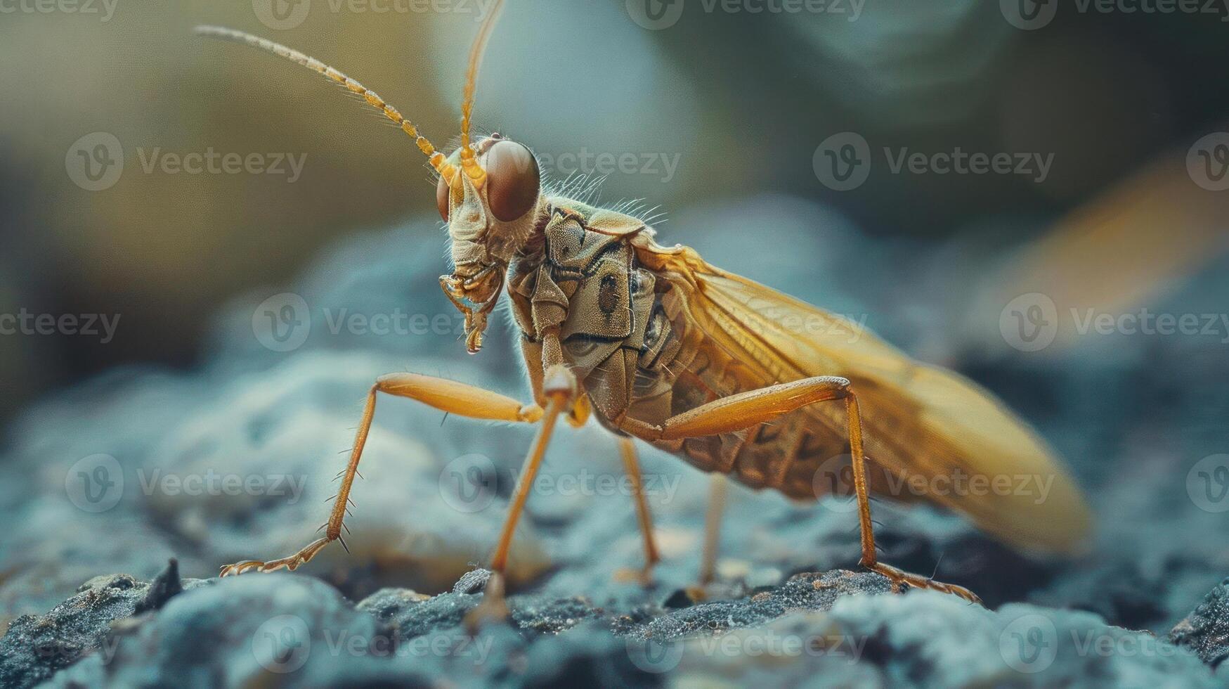 A close-up image of a beetle standing on a stone surface with clear detailing. photo