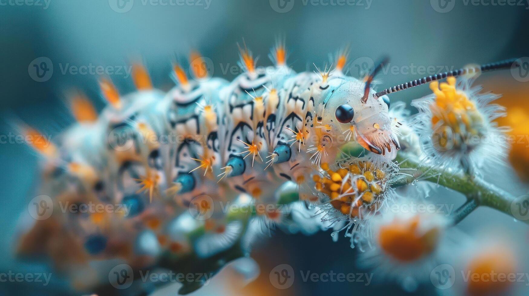 A vividly colored caterpillar with orange and yellow spots is crawling up the side of a yellow flowe photo